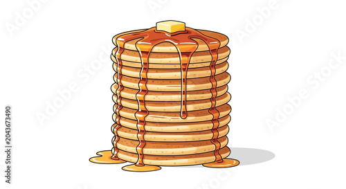 Photography A tall stack of delicious golden pancakes topped with melting butter and dripping syrup