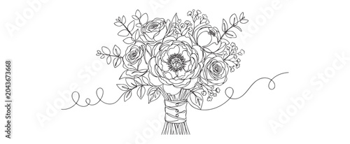 Elegant continuous line art vector illustration of a bridal bouquet closeup with roses, peonies and eucalyptus leaves, minimalist floral wedding design concept