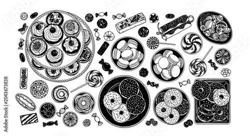 Hand drawn illustration of various sweets and desserts arranged in a collection.