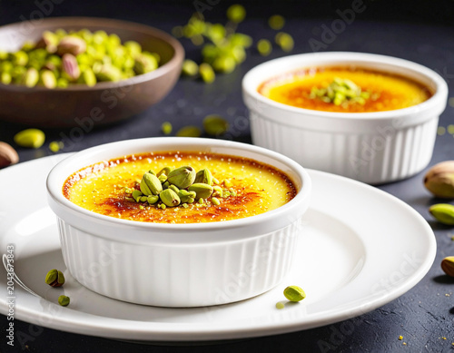 Pistachio crème brulee, custard dessert, white serving dish. AI