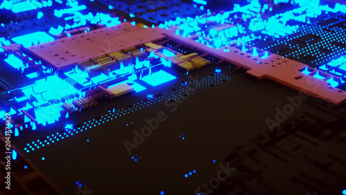 A close-up of a high-tech printed circuit board with bright neon lights. The complexity of modern electronics and microchip architecture. Innovation, data processing speed, and computing technologies.