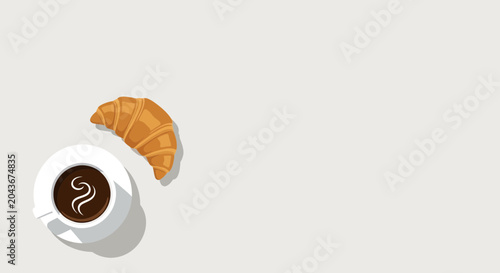 Konstfotografi A top down view of a fresh croissant and a steaming cup of black coffee
