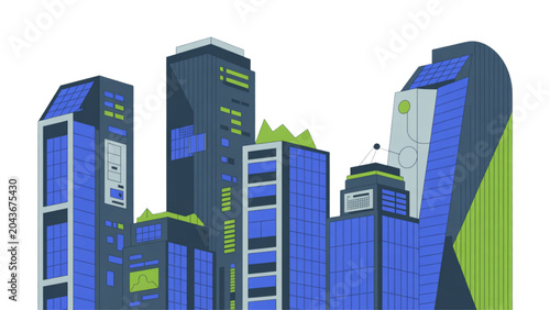 Colorful modern skyscrapers illustration with blue and green buildings in a futuristic cityscape Vector