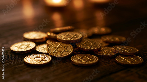 Hanukkah gelt chocolate coins scattered on a wooden table  