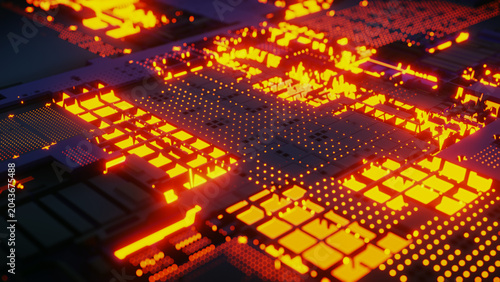 A vibrant futuristic scene featuring a glowing circuit board, its components glowing with fiery orange and yellow hues. The illustration conveys a sense of power, overload, and the high performance of