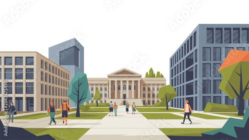 Modern university campus with students walking on a bright sunny day Vector