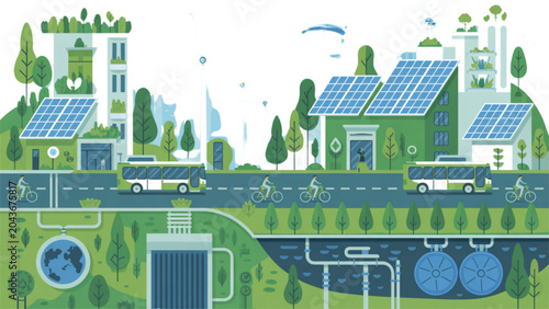 Colorful industrial cityscape with green roofs and factories under blue sky Vector