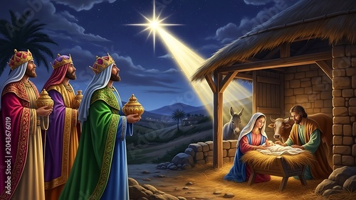 Biblical Magi Visit Holy Family in Manger