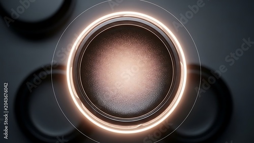 Close-up view of camera lens aperture with soft bokeh light background in dark setting