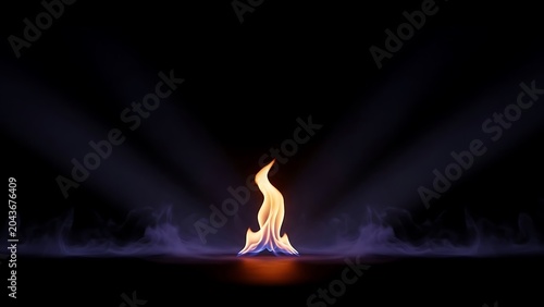 Flame burning in darkness with spotlight