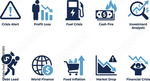 Fotografie Financial crisis and economic recession icons set illustrating market failure investment loss and debt burdens