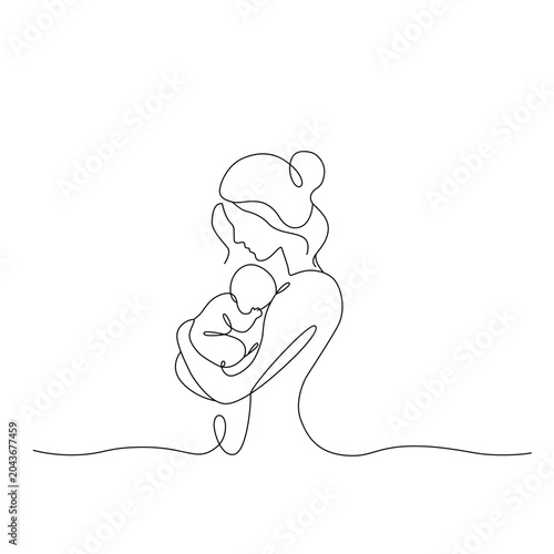 Minimalist continuous one line drawing of a mother holding her baby. Elegant linear illustration symbolizing motherhood, love, care, protection, and the special bond between parent and child. Modern