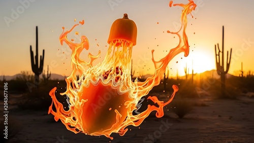 Burning pumpkin with fiery flames in desert at sunset dramatic glow