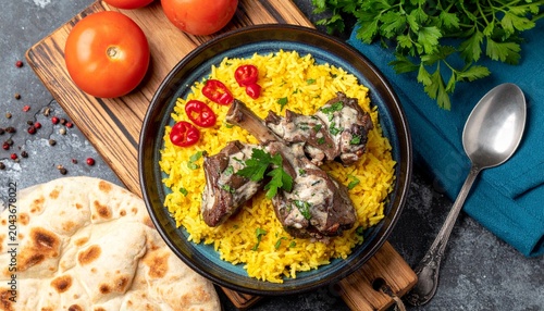 Lamb Mandi or Kabsa with yellow basmati rice, served with naan bread, fresh tomatoes, and herbs on a wooden board. Traditional Middle Eastern or Arabic cuisine.