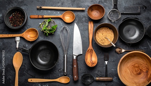 set of kitchen utensilsTop view of professional kitchen utensils, wooden spoons, chef knife, whisk, and ceramic bowls on dark stone background. Culinary background for cooking concept.