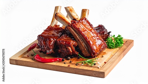 Grilled pork spare ribs with barbecue sauce served on a wooden cutting board with chili and spices.