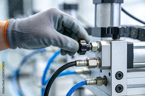 Obraz na płótnie Gloved hand adjusts knob on industrial pneumatic equipment with blue hoses