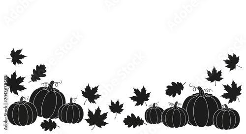 Quadro su tela Black silhouette illustration of pumpkins and autumn leaves on a white background