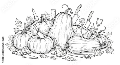Photos A detailed black and white line art illustration of assorted pumpkins and carving tools