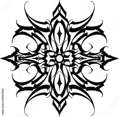 Intricate tribal ornamental mandala tattoo design featuring symmetrical blackwork line art with gothic and decorative flourishes