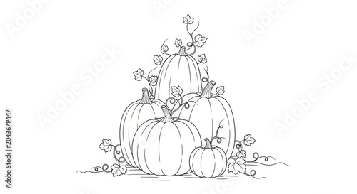 A hand drawn sketch of a cluster of various pumpkins with vines and leaves.