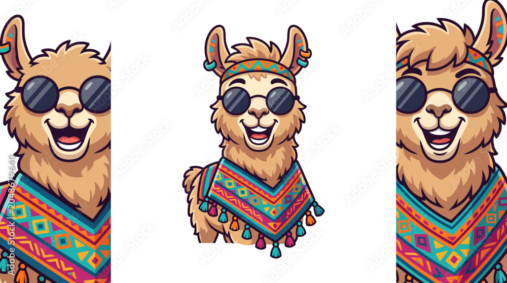 Fototapeta premium Cute cartoon llama wearing sunglasses and a colorful poncho isolated on white background.