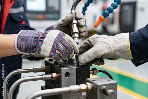 Photos Two workers in protective gloves assemble complex industrial machinery with prec