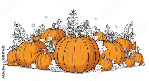 Cuadro en lienzo A vibrant collection of orange pumpkins and corn stalks arranged in a festive harvest display
