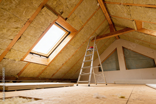 Fotografia Attic insulation and construction in progress with skylight and ladder