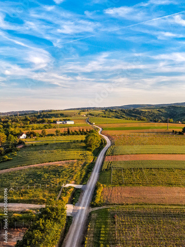 Aerial View of a Winding Country Road Through Agricultural Fields