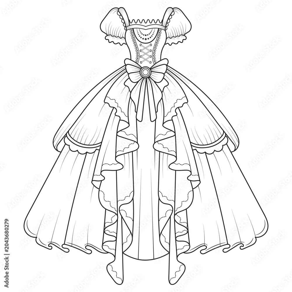 Fototapeta premium Collection of women's clothing technical sketches showing various styles black and white line art illustration for fashion design. Elegant woman, fashion illustration, line art, puffy sleeve dress, 