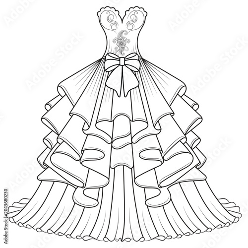 Collection of women's clothing technical sketches showing various styles black and white line art illustration for fashion design. Elegant woman, fashion illustration, line art, puffy sleeve dress, 