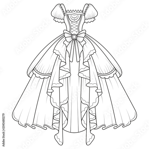 Collection of women's clothing technical sketches showing various styles black and white line art illustration for fashion design. Elegant woman, fashion illustration, line art, puffy sleeve dress, 