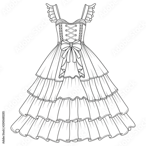 Collection of women's clothing technical sketches showing various styles black and white line art illustration for fashion design. Elegant woman, fashion illustration, line art, puffy sleeve dress, 