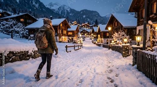 Woman walking in snowy village at dusk with mountains