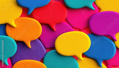 Vivid, colorful speech bubbles overlap in a vibrant, abstract composition