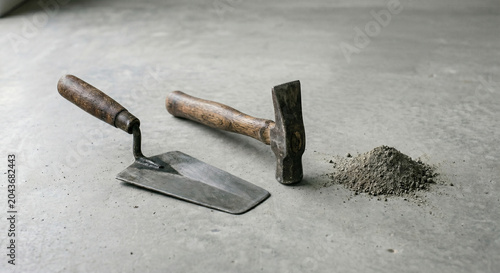 Trowel hammer and cement pile on smooth concrete floor