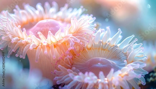 A close-up of pink sea anemones with tentacles