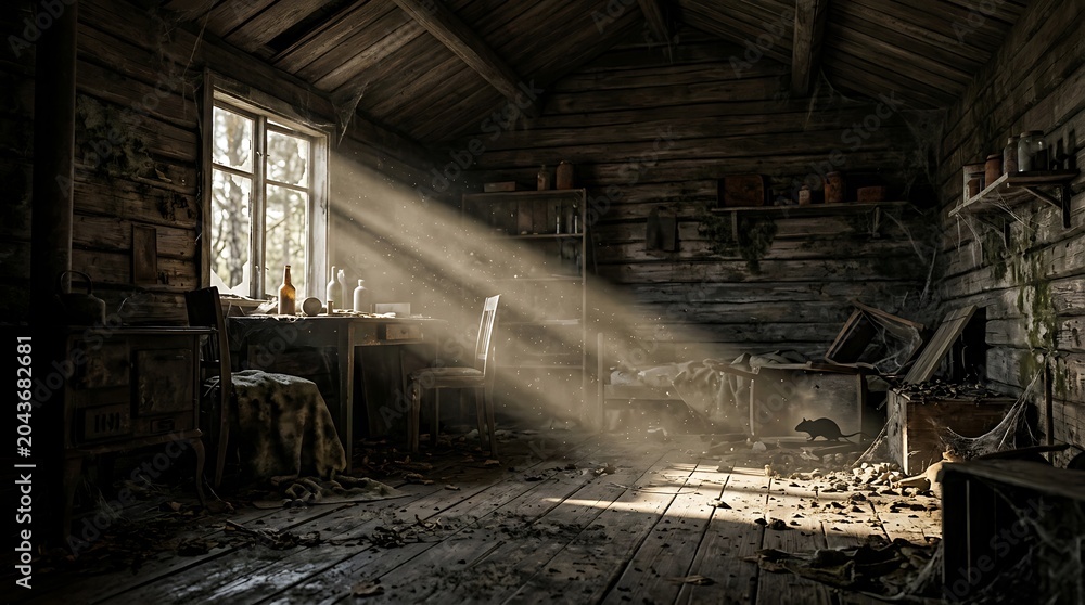 Obraz premium Abandoned rustic cabin interior with dusty furniture and sunbeam