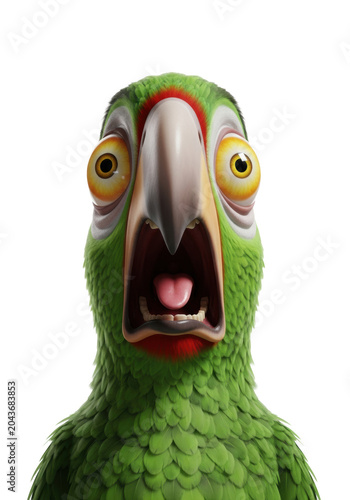 a photorealistic 3d cgi anthropomorphic green macaw in an exaggerated, high-energy panic, screaming with a visible tongue, head-and-shoulders close-up on a transparent studio background. Comedic