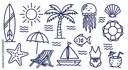 Set of hand drawn beach and summer vacation doodle elements.