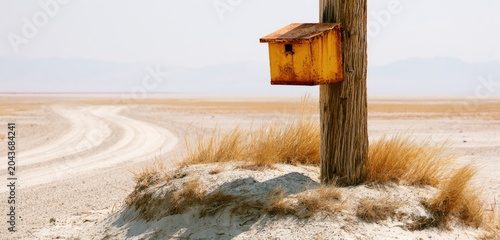 Old wooden post with a rusty birdhouse stands on a dusty road