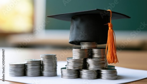 Stacks of coins topped with graduation cap symbolize education savings
