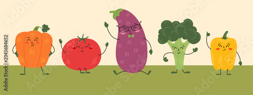 Vegetable character boder frame vector set of five cute farm food mascots in a row: pumpkin, tomato, eggplant, broccoli and bell pepper for vegetarian menu, cooking recipe and children design.