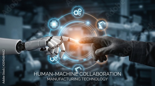 Robot hand and dark-gloved human hand touching fingertips over a circular glowing HUD with chip, gear, and robotic arm icons in a manufacturing facility.