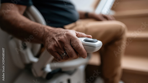 Elderly Hand Operating Stairlift Control on Wooden Stairs, Focus on Mechanism, Home Accessibility Solution