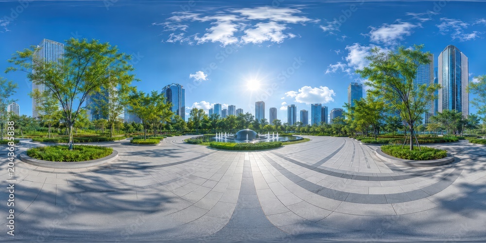 Fototapeta premium Ultra-wide panoramic 360-degree HDRI image of City Plaza With Bright Sun, Downtown Skyline And Open Park Environment Map