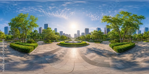 HDRI 360 Panoramic City Plaza With Sunny Skyline, Open Urban Park And Clean Pavement Environment Background
