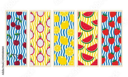 Colorful fruit pattern collection with cherries dragon fruits lemons watermelons and strawberries on wavy striped backgrounds creative design illustration