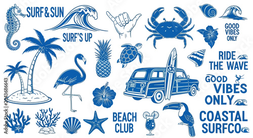 Photography Set of Hand Drawn Summer Beach and Surfing Theme Elements.